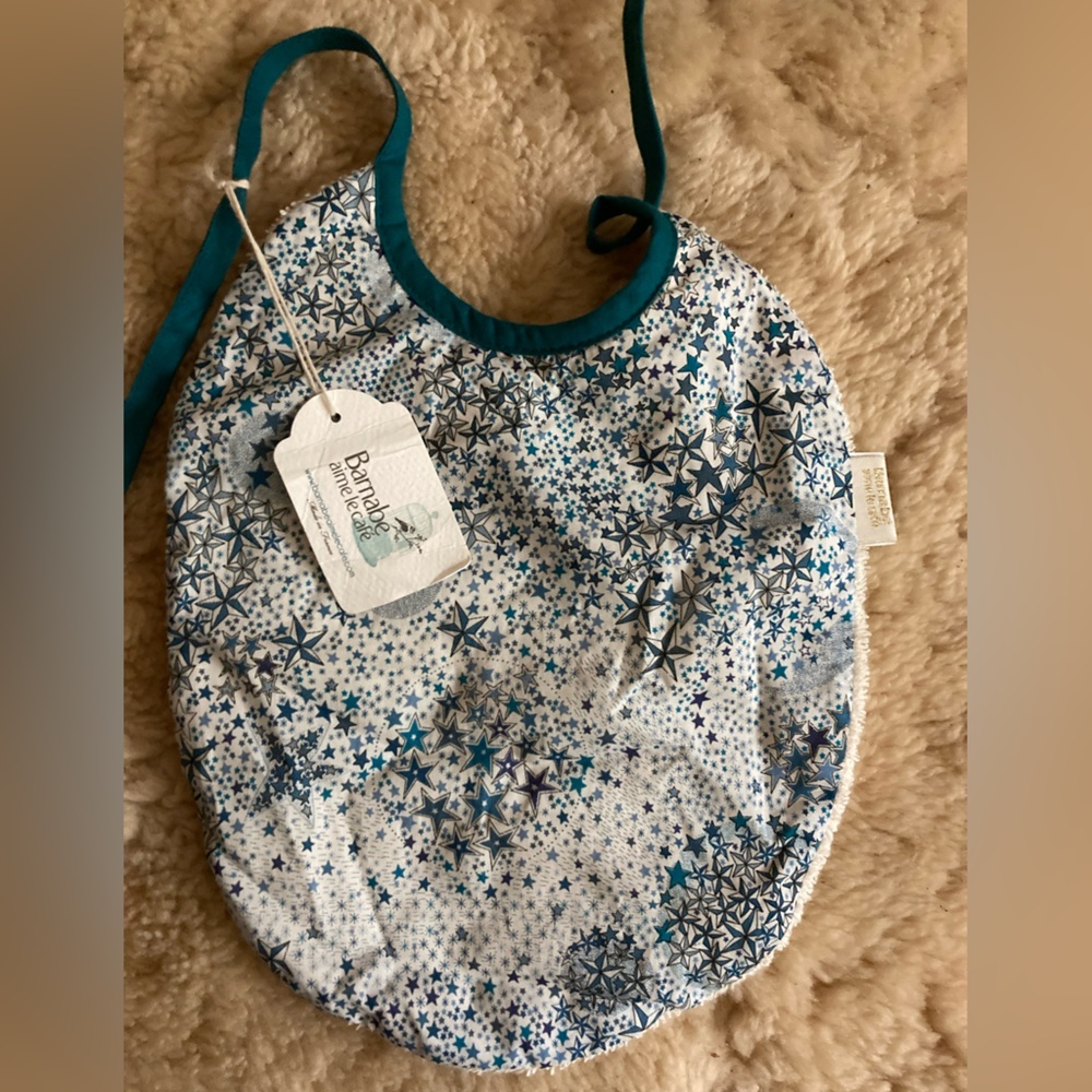 Special occasion baby bib by Barnabé aime le café. Liberty of London.